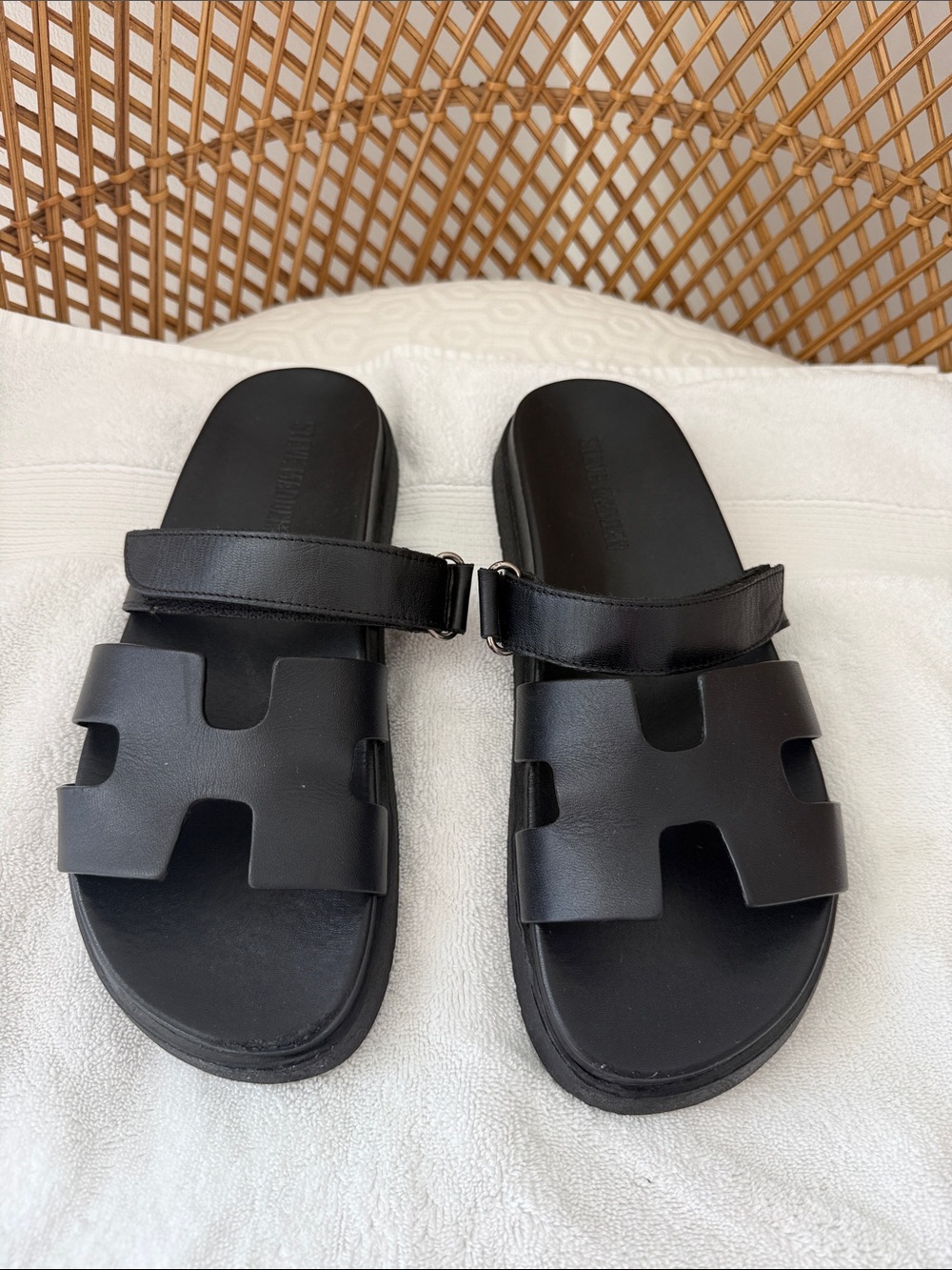 Steve Madden Black Leather Slide Sandals with Buckle Strap